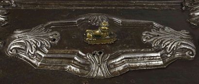 null 263 Exceptional wrought iron master chest Finely chiselled and embossed decoration...