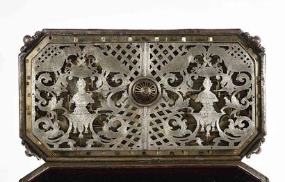 null 263 Exceptional wrought iron master chest Finely chiselled and embossed decoration...