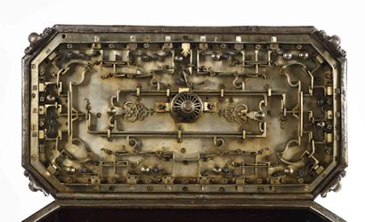 null 263 Exceptional wrought iron master chest Finely chiselled and embossed decoration...