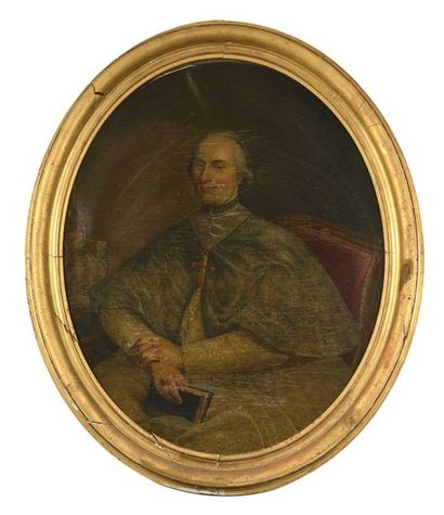 null 26 École du XVIIIe siècle Portrait d’un évêque au missel Huile sur toile ovale....