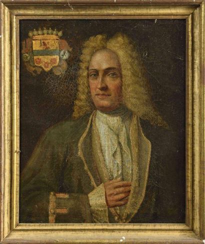 null 28 18th century school Portrait of a man in a grey frock coat, coat of arms...