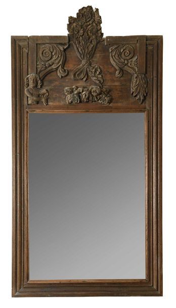 null 311 Beau miroir en bois naturel mouluré et sculpté, décor de fruits, feuillages...