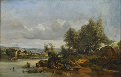 null 40 School of the 19th century Lake landscape Oil on canvas. 20 x 45 cm