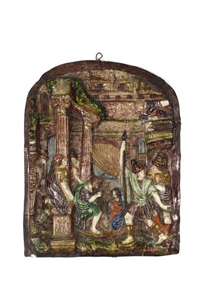 null 45 Ecole de Paris Glazed earthenware plaque with bas-relief decoration of the...