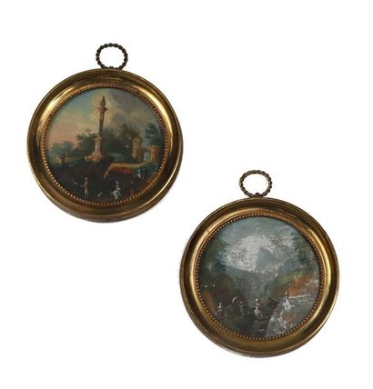 null 52 Two circular miniatures about animated landscapes Late 18th century. D. 5.6...