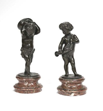 null 75 CLODION, after Enfants musiciens Pair of patinated bronzes, circular base...