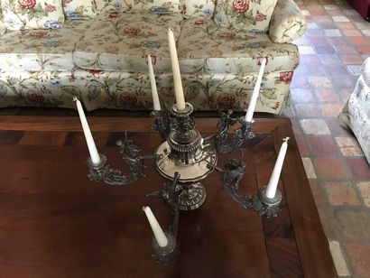 null Silver plated metal travel candlestick with 6 arms of lights decorated with...