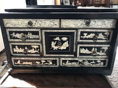 null Cabinet in ebony veneer, blackened wood and engraved ivory plates with hunting...