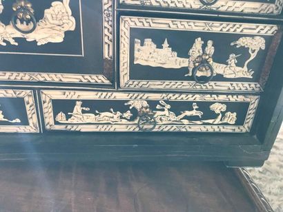 null Cabinet in ebony veneer, blackened wood and engraved ivory plates with hunting...