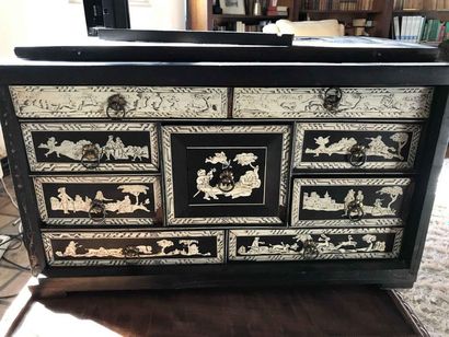 null Cabinet in ebony veneer, blackened wood and engraved ivory plates with hunting...