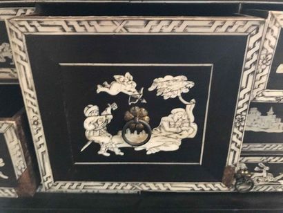 null Cabinet in ebony veneer, blackened wood and engraved ivory plates with hunting...