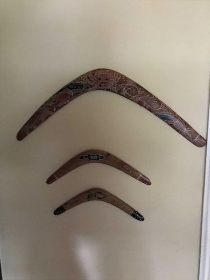 null Trois boomerangs aborigènes en bois à décor de tortues Ref DAM78