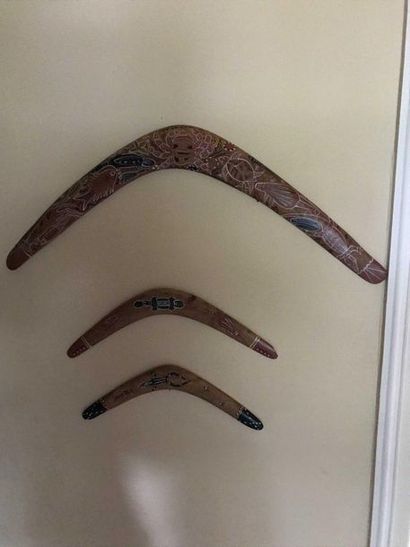 null Trois boomerangs aborigènes en bois à décor de tortues Ref DAM78