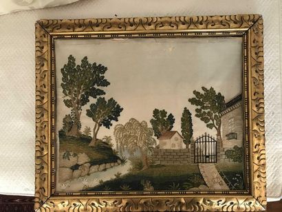 null House in a lake landscape Embroidered silk Accidents 43x54cm Ref16eme