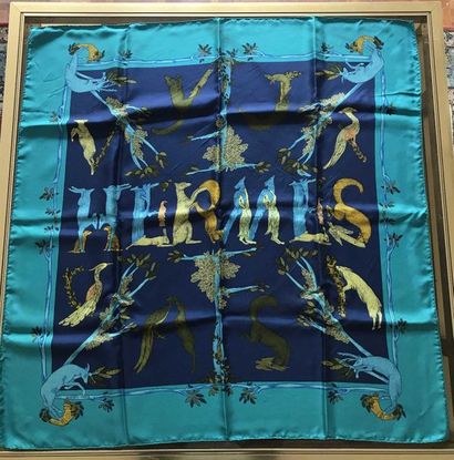 null HERMES Paris. Silk scarf " Hermès " blue and turquoise background Ref16eme ...
