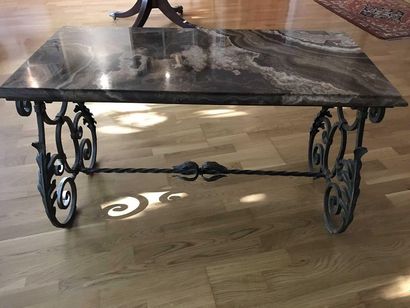 null Coffee table with marble top and wrought iron base with foliage decoration ...