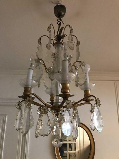 null Gold plated metal chandelier and glass pendants and stars Height : 70cm Ref...