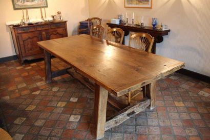 null Farm table in natural wood, legs joined by a H-shaped spacer Height: 78cm -...