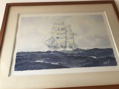 null SOP, School of the XXth century Ship on the waves Watercolor signed lower right...