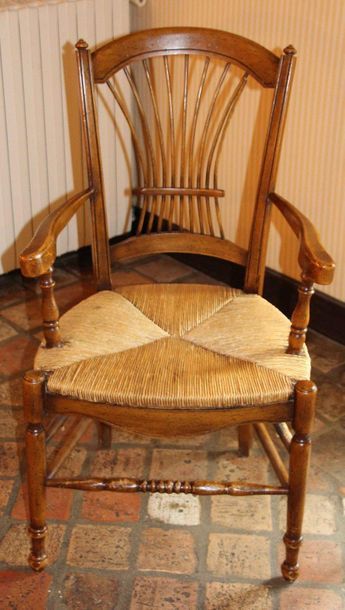null Suite of six chairs and two armchairs in natural wood, straw seat, stacking...
