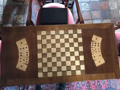 null Natural wood game table with checkerboard and trompe l'oeil card game Modern...