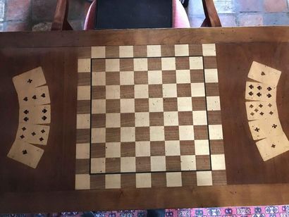 null Natural wood game table with checkerboard and trompe l'oeil card game Modern...