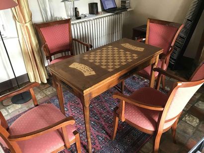 null Natural wood game table with checkerboard and trompe l'oeil card game Modern...