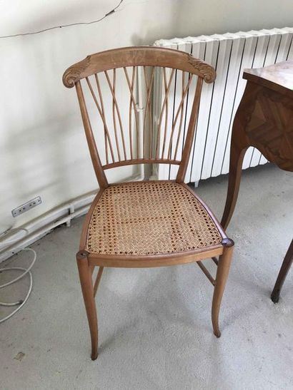 null Chair in natural wood with openwork backrest with interlaced sticks Height:...