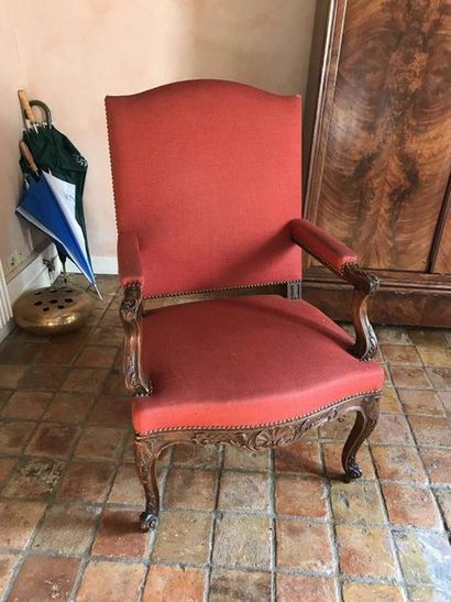 null Armchair in natural wood molded and carved with acanthus leaves Regency style...