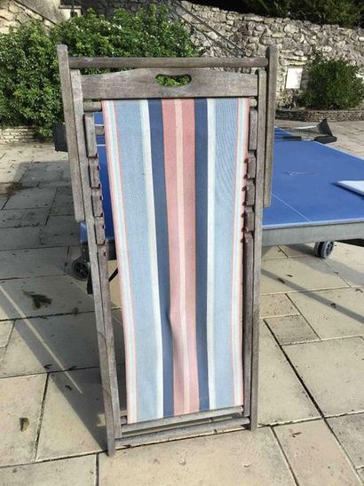 null Three wooden deckchairs and bayadère fabric and three wooden deckchairs and...