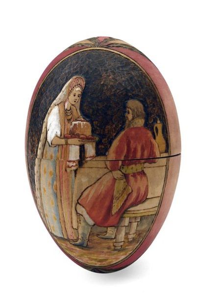 null 219 OEuf de Pâques en bois (deux oeufs l’un dans l’autre) orné d’une scène folklorique....