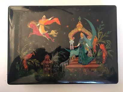 null 
Engraved and painted wooden Russian box with a romantic scene decoration. Period...