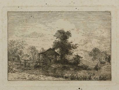 null 143 Suite of three engravings in black signed Auguste Constantin "Paysage à...
