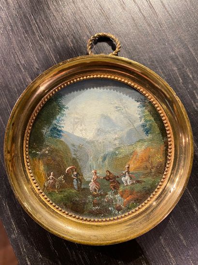 null Deux miniatures circulaires à sujet de paysages animés Fin du XVIIIème siècle....