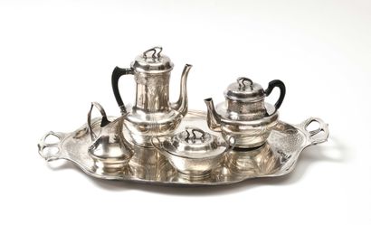 null 138 Art Nouveau silver plated pewter coffee and tea service with plant decoration,...