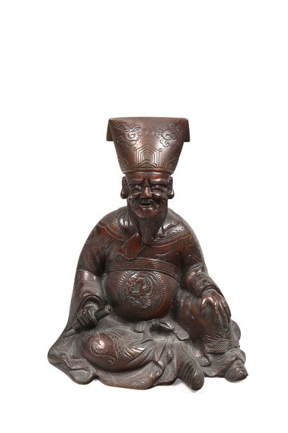 null 195 JAPAN - XXth century Bronze Okimono, emma-o seated, his dress decorated...