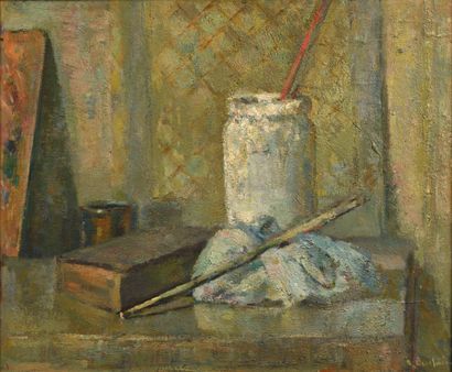 null 46 Robert BREITWIESER (1899-1975) Still life with a pot of glue Oil on board....