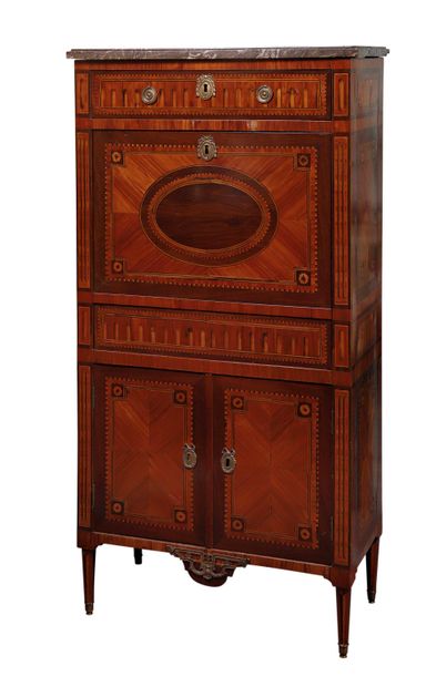 null 243 Veneered secretary with flap, the flap inlaid with a medallion, grey veined...