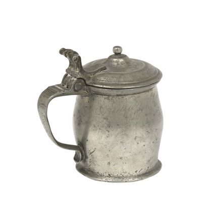 null 153 PARIS Pewter covered mustard pot, moulded handle with scroll. Stamped on...