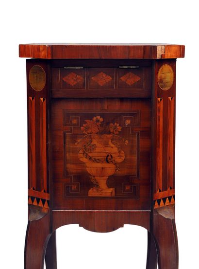 null 238 Veneered work table inlaid with utensils in the Topino style, opening with...