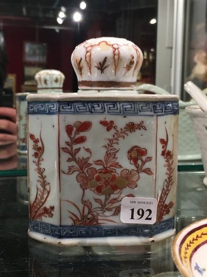 null 192 China Two porcelain tea caddies decorated in iron red and gold with flowering...