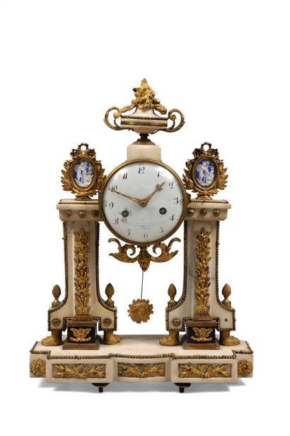 null 239 Black and white marble and gilt bronze portico clock with double column...