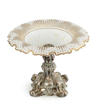 null 222 White and gold overlay glass bowl with cut-out rim. Silver pedestal with...