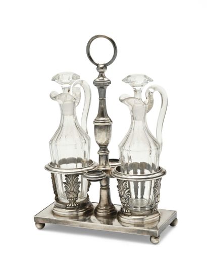 null 136 Rectangular silver plated oil and vinegar cruet decorated with palms, bottle...