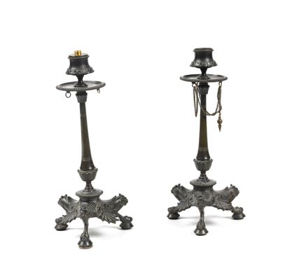 null 278 Attributed to BARBEDIENNE Pair of bronze torches with a brown patina and...