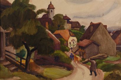 null 49 Jules ZINGG (1882-1942) Vue d’un village de Franche-Comté Aquarelle et crayon...