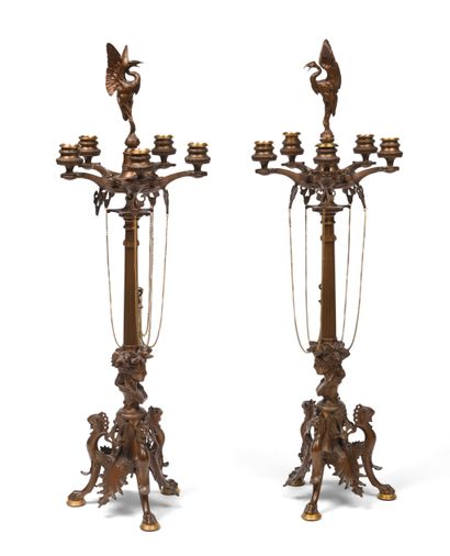 null 
279 Ferdinand BARBEDIENNE (1810-1892) Pair of Pompeian style candelabra in...