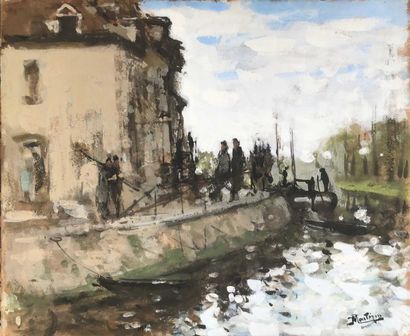null 44 Pierre Eugène MONTEZIN (1874-19) Barques à quai Gouache sur carton. Signée...