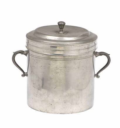 null 145 BESANCON Pewter covered cylindrical farinière, with two moulded side handles,...