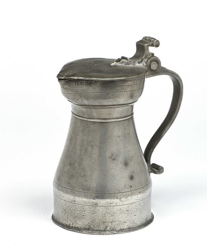null 150 LYON Pewter truncated cone pitcher, broken S handle, hallmarking on the...